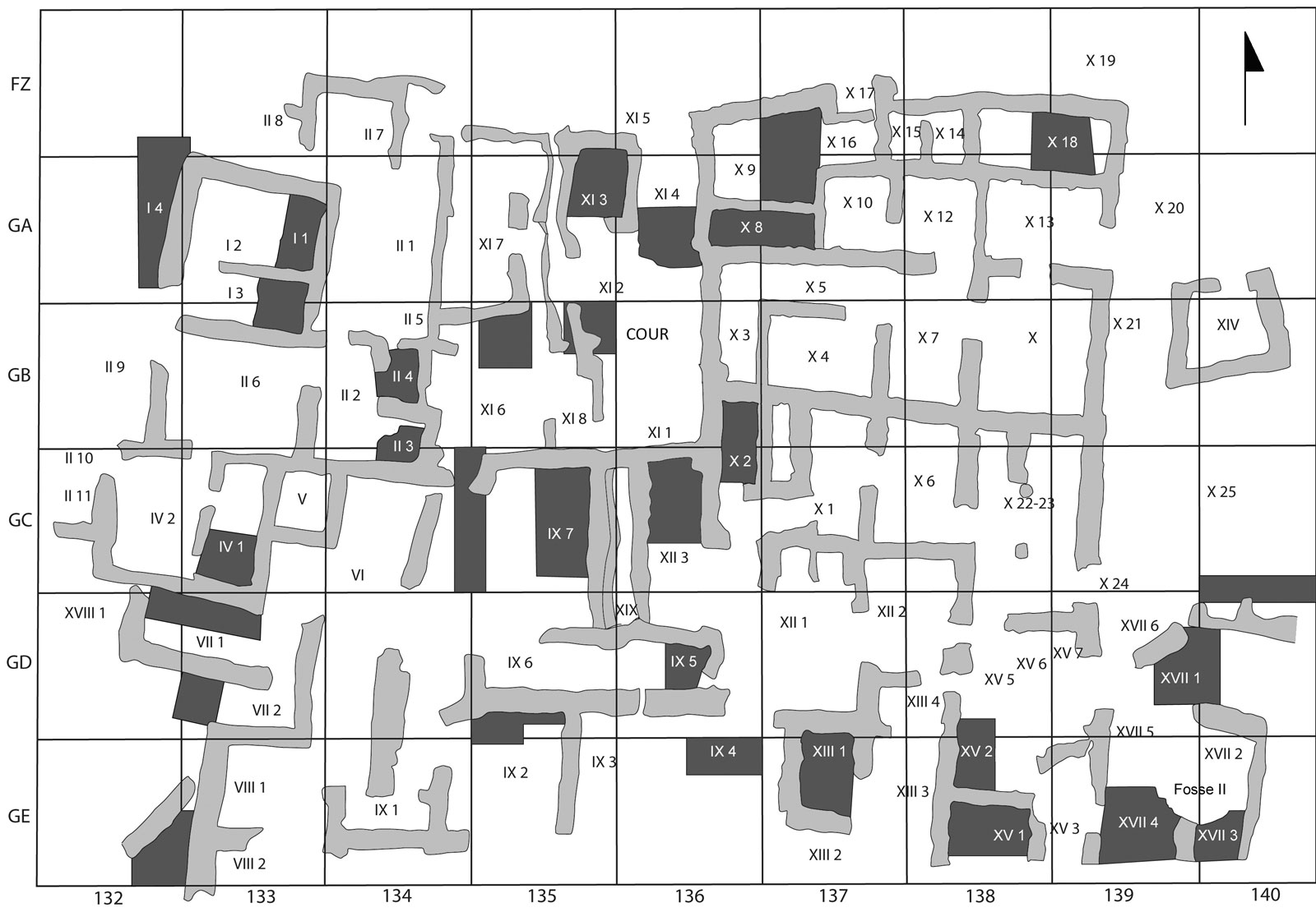 Figure 1. Plan du Quartier Nu, avec en gris foncé les sondages menés sous les niveaux MR IIIA2-B. Relevé J. Driessen ©EfA