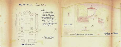 EFA FCP 32, dos. 8 : Croquis du plan du chœur de la nouvelle église d’Agios Germanos, et perspective de l’ancienne chapelle, transmis par le poste de Zélova, mai 1918.